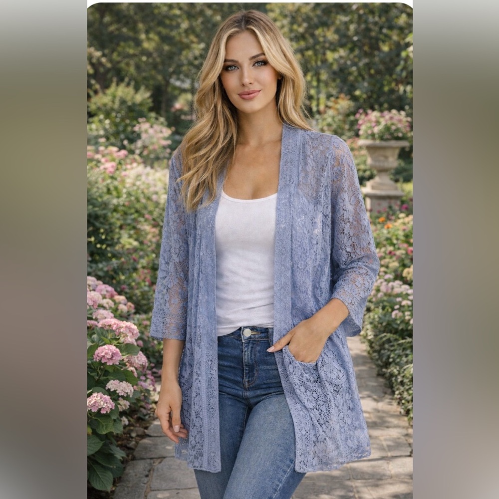 #119 POL LIGHT BLUE LACE OPEN MID DUSTER